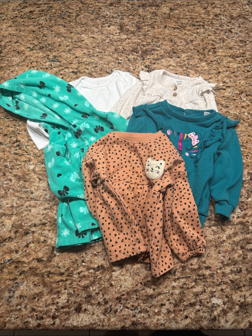 Bundle of baby girls 3 pullover sweaters. one bodysuit and one shirt - 12 months